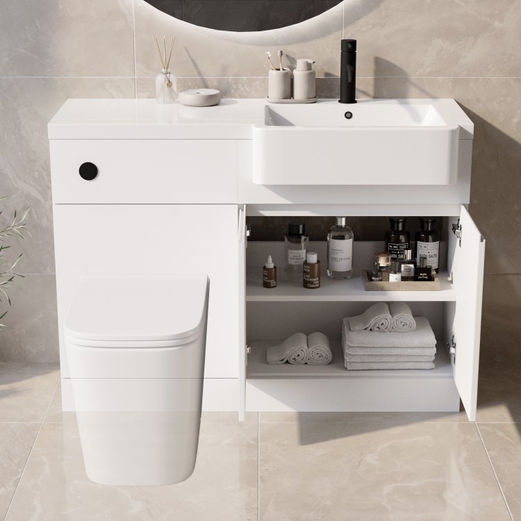 1100mm White Right Hand Toilet and Sink Unit with Black Fittings - Unit & Basin Only - Bali