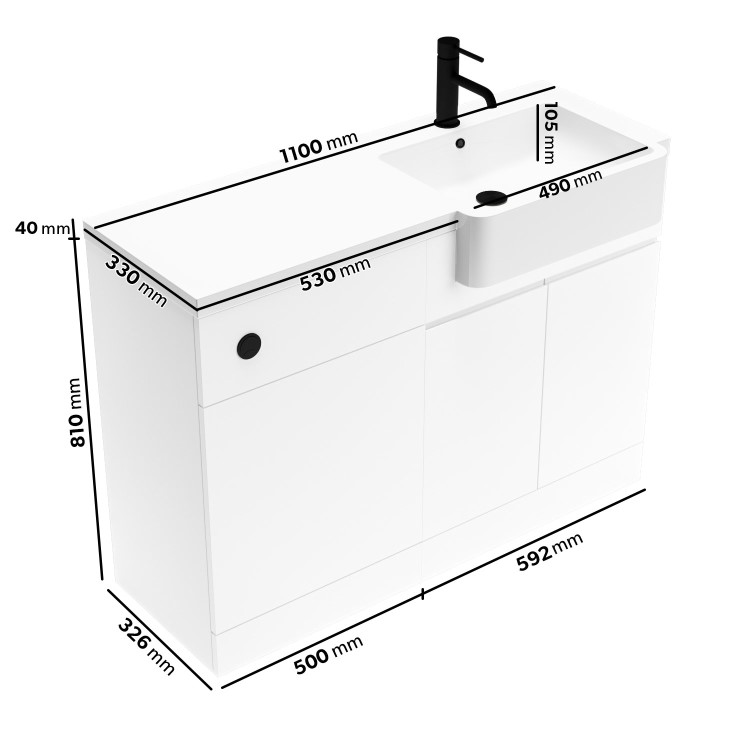 1100mm White Right Hand Toilet and Sink Unit with Black Fittings - Unit & Basin Only - Bali