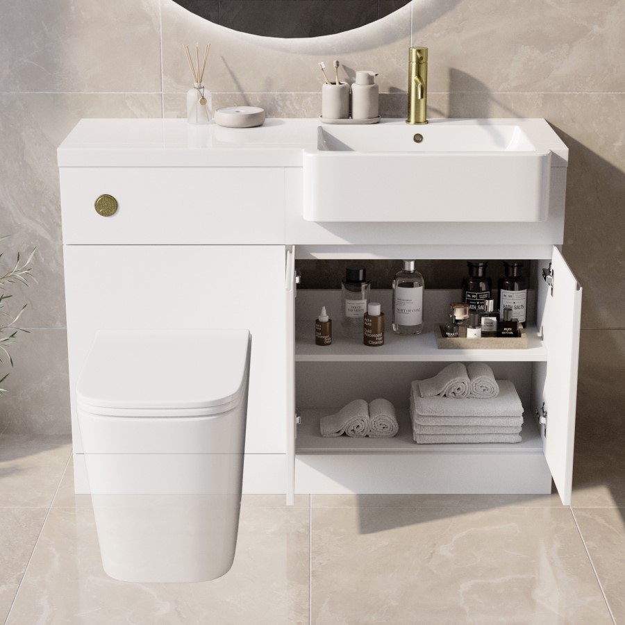 1100mm White Right Hand Toilet and Sink Unit with Brass Fittings - Unit & Basin Only - Bali