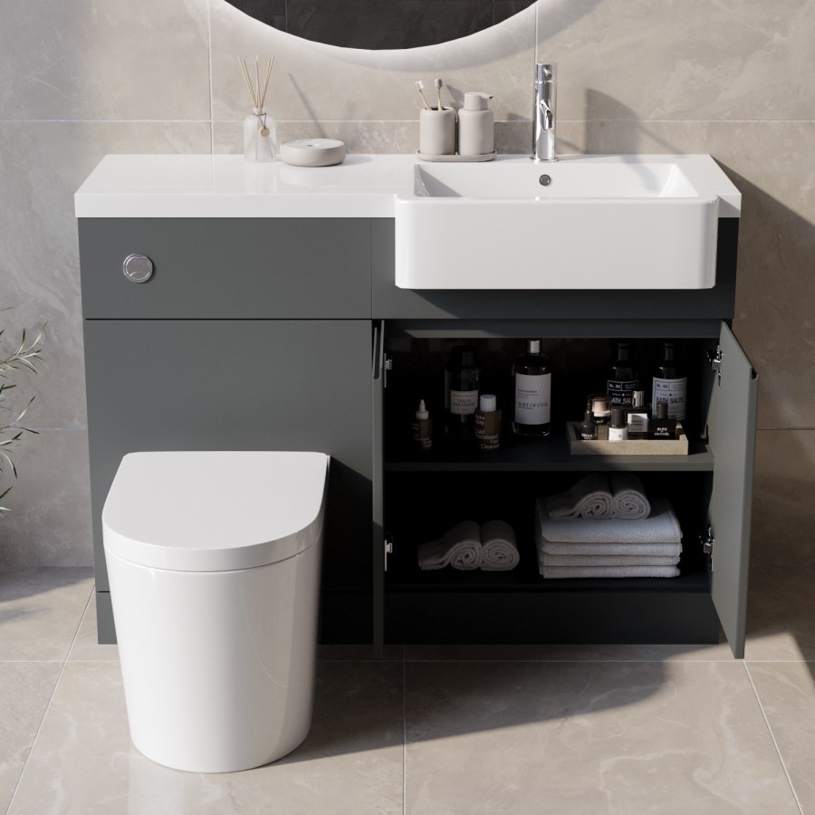 Grade A1 - 1100mm Grey Toilet and Sink Unit Right Hand with Round Toilet and Chrome Fittings - Bali