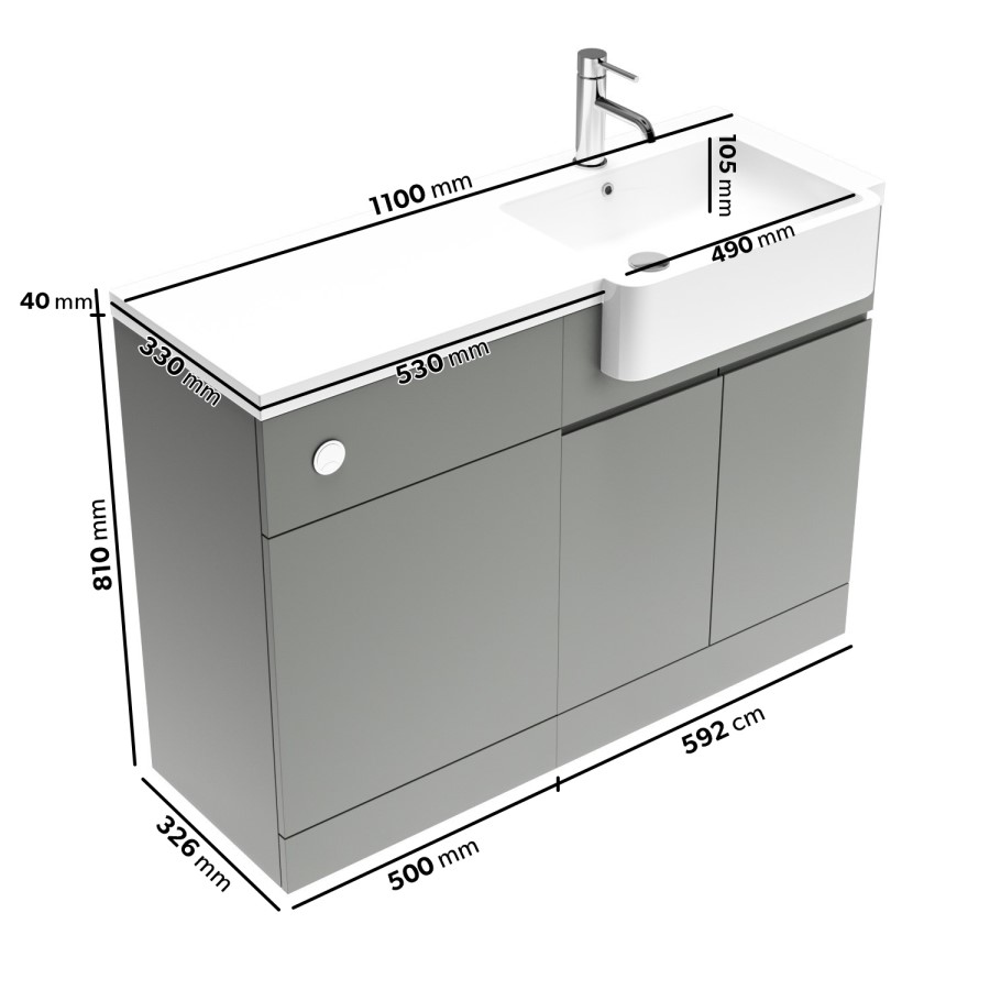 Grade A1 - 1100mm Grey Toilet and Sink Unit Right Hand with Round Toilet and Chrome Fittings - Bali