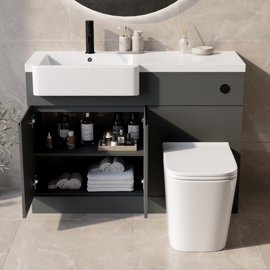 1100mm Grey Left Hand Toilet and Sink Unit with Square Toilet and Black Fittings - Bali