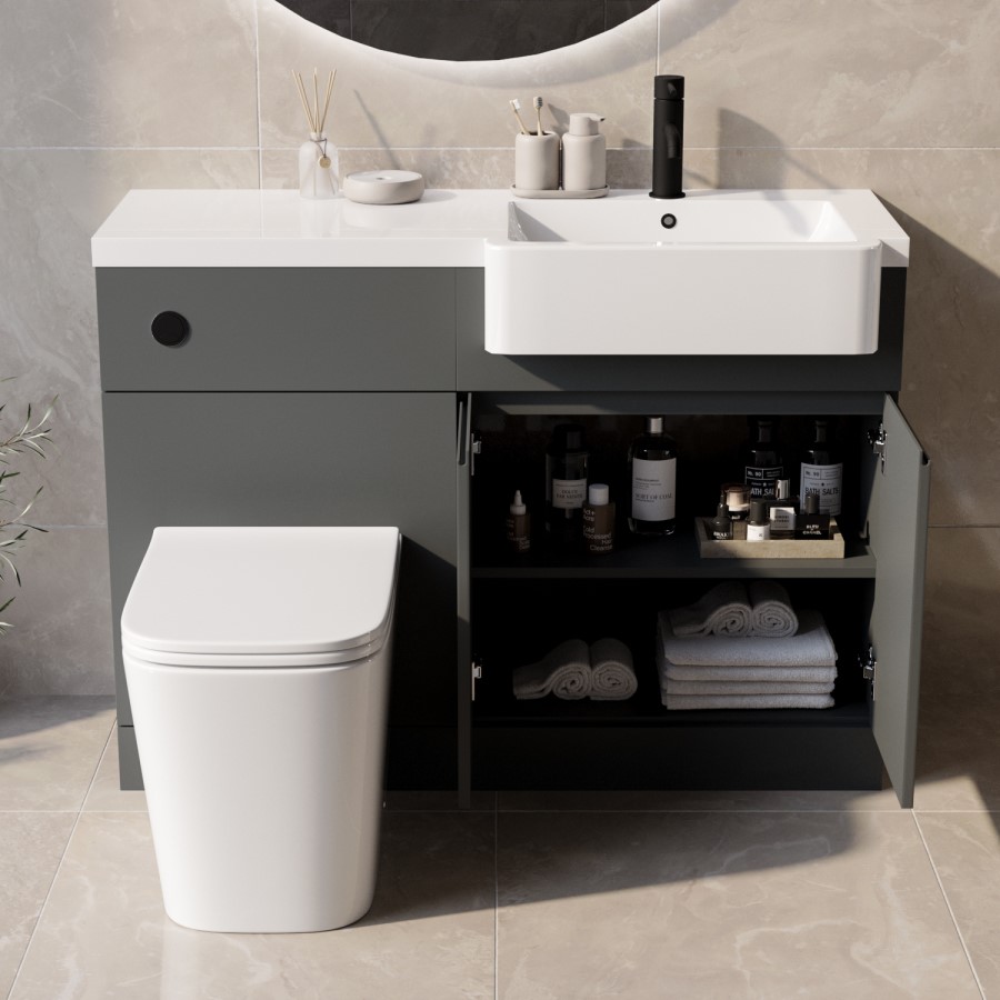 1100mm Grey Right Hand Toilet and Sink Unit with Square Toilet and Black Fittings - Bali