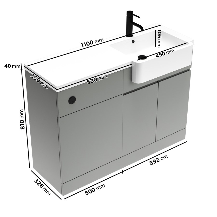 1100mm Grey Right Hand Toilet and Sink Unit with Square Toilet and Black Fittings - Bali