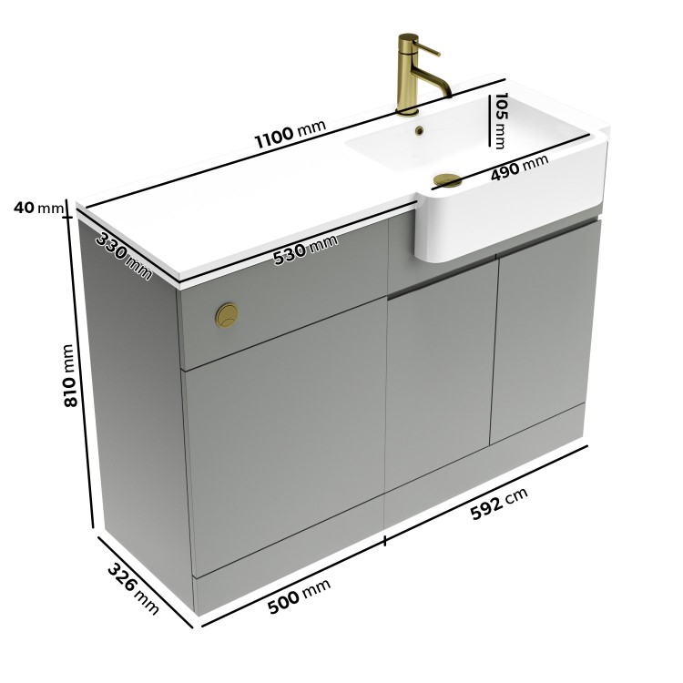 1100mm Grey Right Hand Toilet and Sink Unit with Square Toilet and Brass Fittings - Bali