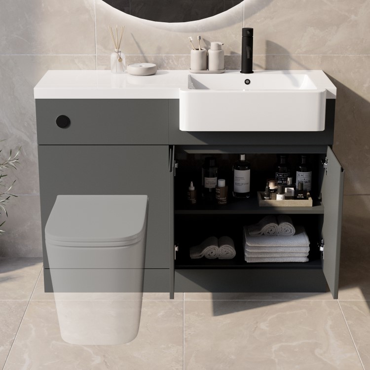 1100mm Grey Right Hand Toilet and Sink Unit with Black Fittings - Unit & Basin Only - Bali