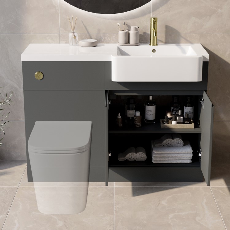 1100mm Grey Right Hand Toilet and Sink Unit with Brass Fittings - Unit & Basin Only - Bali