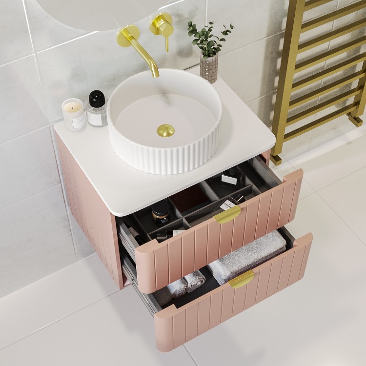 600mm Pink Wall Hung Countertop Vanity Unit with Basin and Brass Handles - Empire