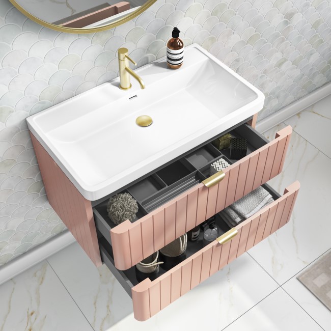 800mm Pink Wall Hung Vanity Unit with Basin and Brass Handles - Empire