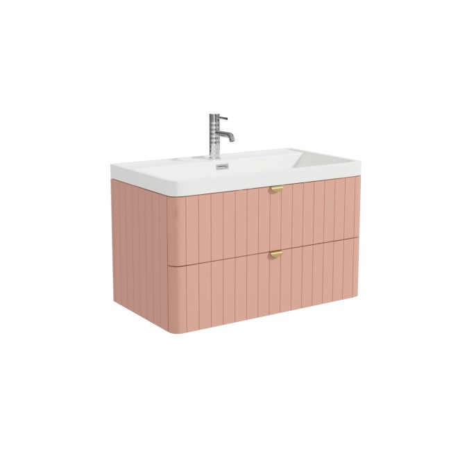 800mm Pink Wall Hung Vanity Unit with Basin and Brass Handles - Empire