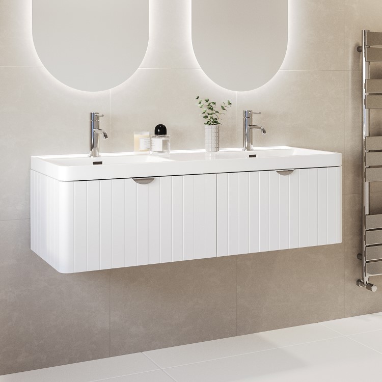 1200mm White Wall Hung Double Vanity Unit with Basin and Chrome Handles - Empire