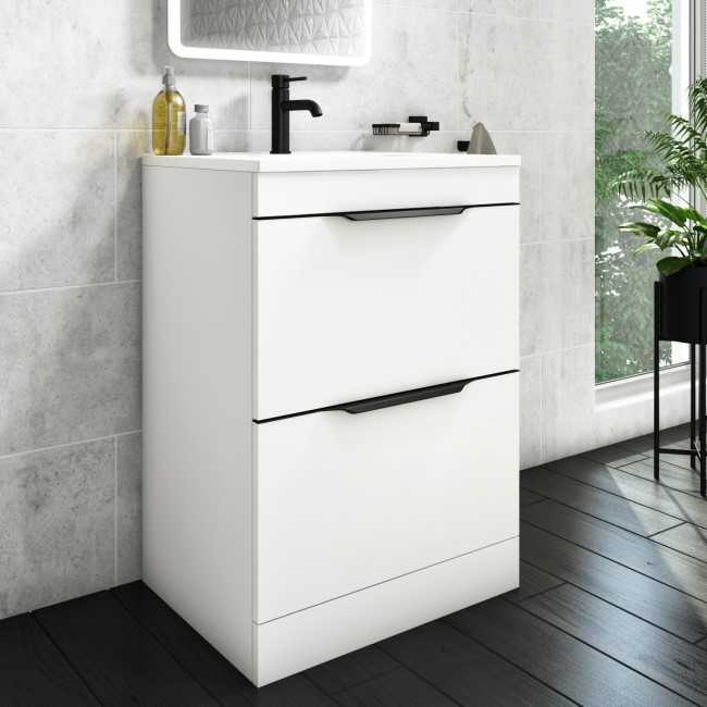 Grade A2 - 600mm White Freestanding Vanity Unit with Matt Basin - Sion