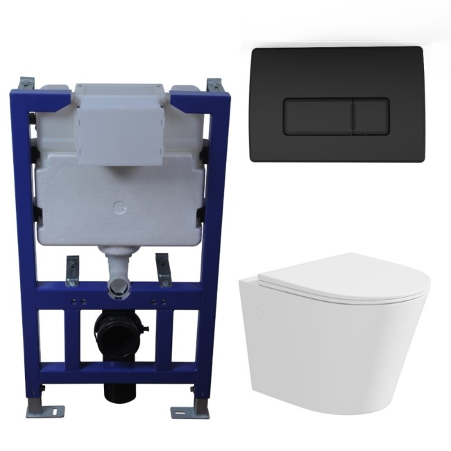 Matt White Wall Hung Rimless Toilet with Soft Close Seat Black Pneumatic Flush Plate 820mm Frame & Cistern - Verona