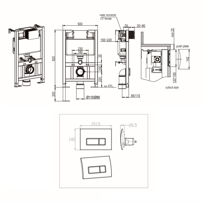 Matt White Wall Hung Rimless Toilet with Soft Close Seat Black Pneumatic Flush Plate 820mm Frame & Cistern - Verona