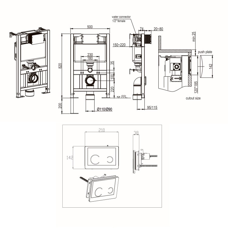 Matt White Wall Hung Rimless Toilet with Soft Close Seat White Glass Sensor Pneumatic Flush Plate 820mm Frame & Cistern - Verona