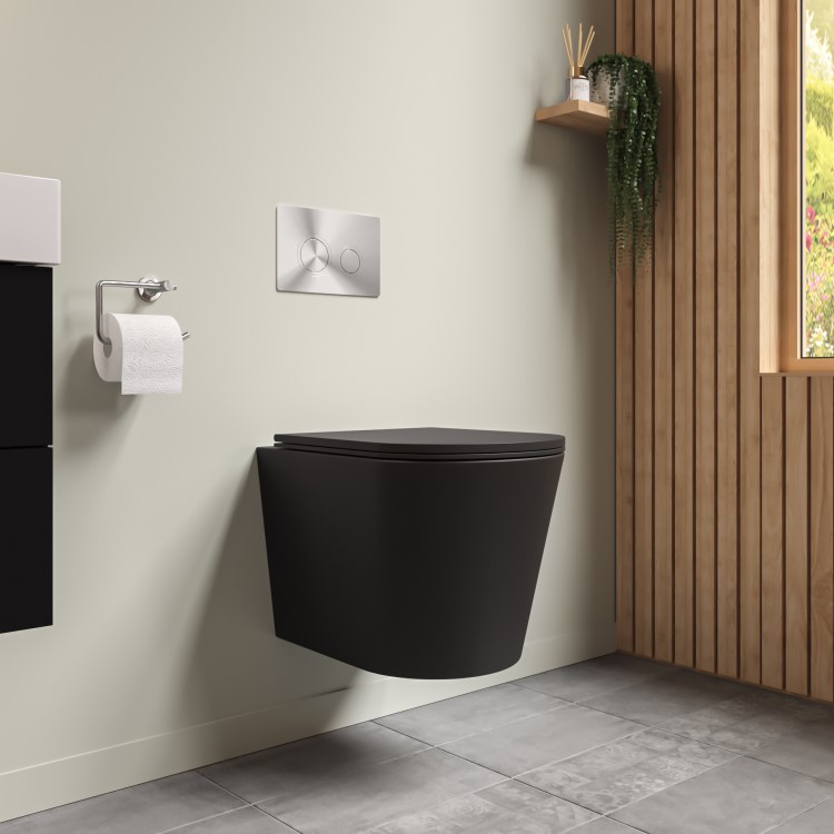 Matt Black Wall Hung Rimless Toilet with Soft Close Seat Cistern Frame and Chrome Flush - Verona