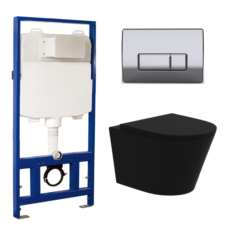 Matt Black Wall Hung Rimless Toilet with Soft Close Seat Chrome Pneumatic Flush Plate 1170mm Frame & Cistern - Verona