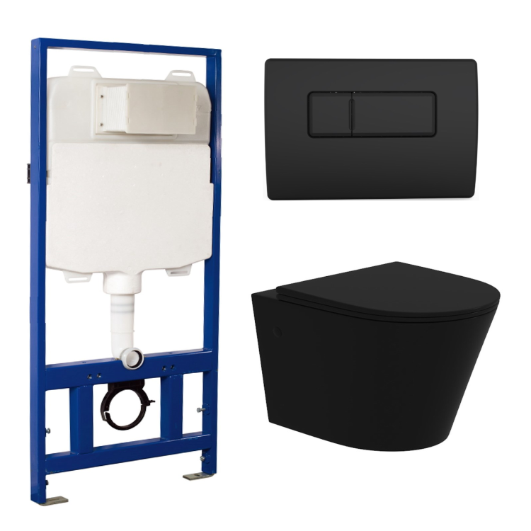 Matt Black Wall Hung Rimless Toilet with Soft Close Seat Black Pneumatic Flush Plate 1170mm Frame & Cistern - Verona