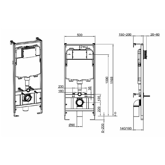 Wall Hung Toilet with Soft Close Seat Frame Cistern and Brass Flush - Alcor