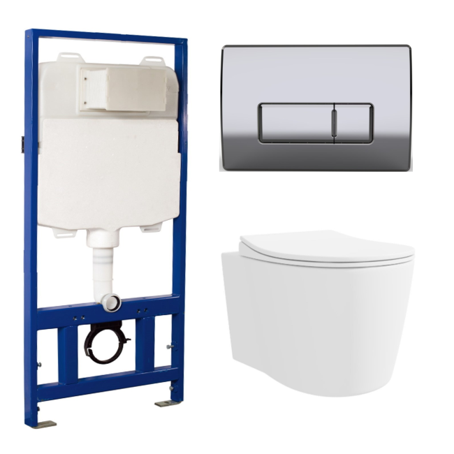 Wall Hung Toilet with Soft Close Seat Chrome Pneumatic Flush Plate 1170mm Frame & Cistern - Alcor