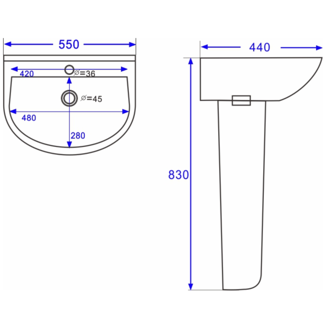 Grade A1 - Modern Pedestal Basin 550mm - Newport