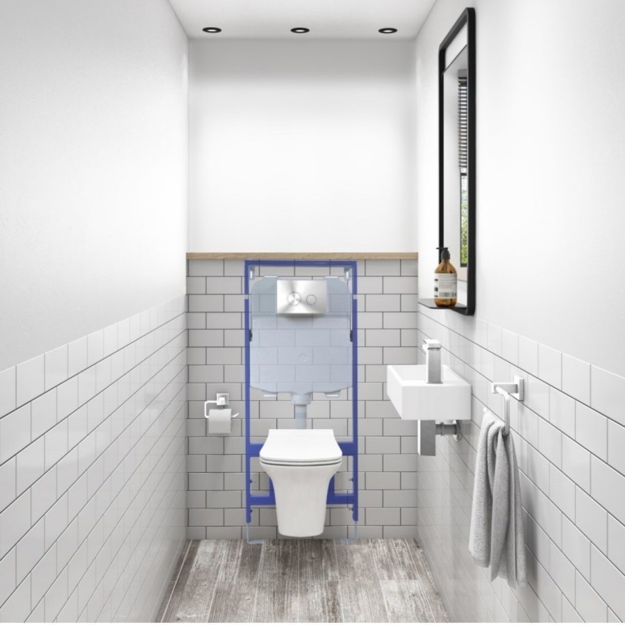 Grade A1 - Wall Hung Rimless Toilet with Soft Close Seat Frame Cistern and Chrome Flush - Santiago