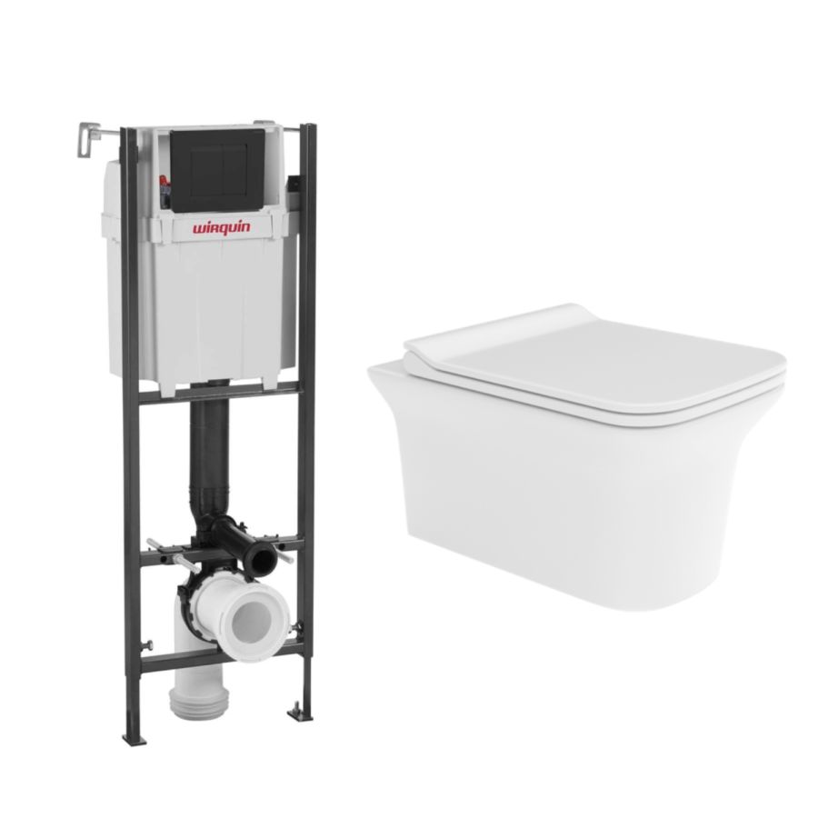 Santiago Wall Hung WC, Soft Close Seat, Wirquin Compact WC Frame and Black Flush Plate