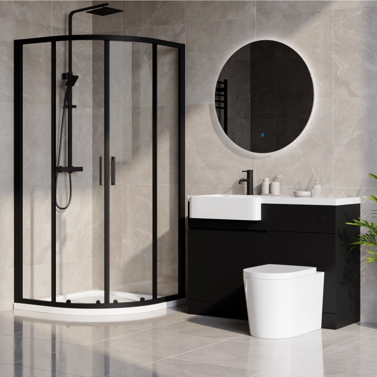 800mm Black Quadrant Shower Enclosure Bathroom Suite with Left Hand Toilet & Sink Unit - Pavo