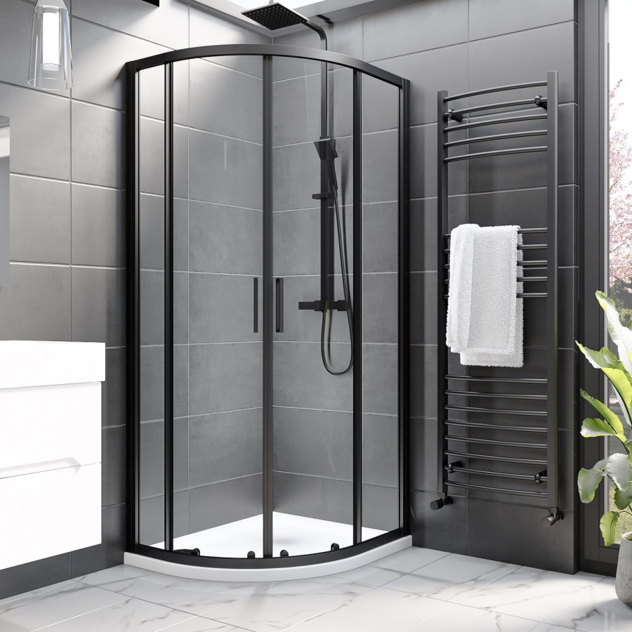 Black 8mm Glass Left Hand Offset Quadrant Shower Enclosure with Shower Tray 900x760mm - Pavo