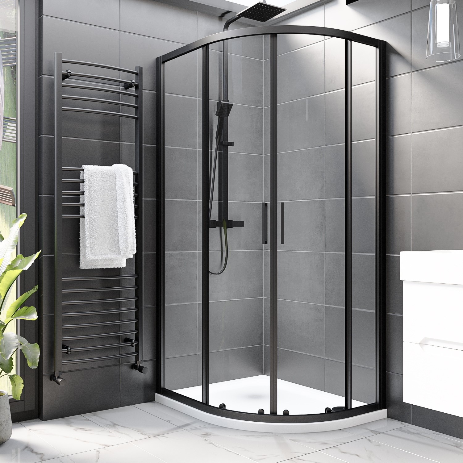 1000x900mm Black Left Hand Offset Quadrant Shower Enclosure With Shower ...