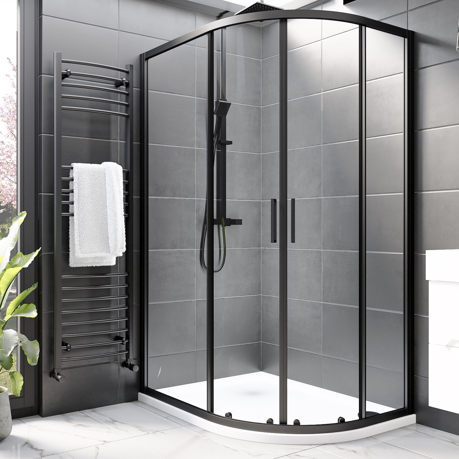 Black 8mm Glass Right Hand Offset Quadrant Shower Enclosure With Shower ...