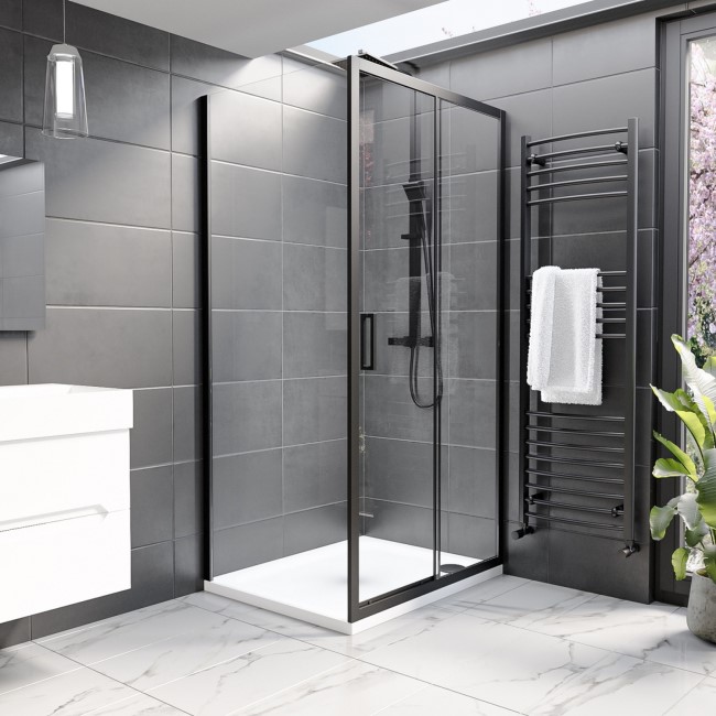 Grade A1 - Black 8mm Glass Rectangular Sliding Shower Enclosure 1000x700mm - Pavo