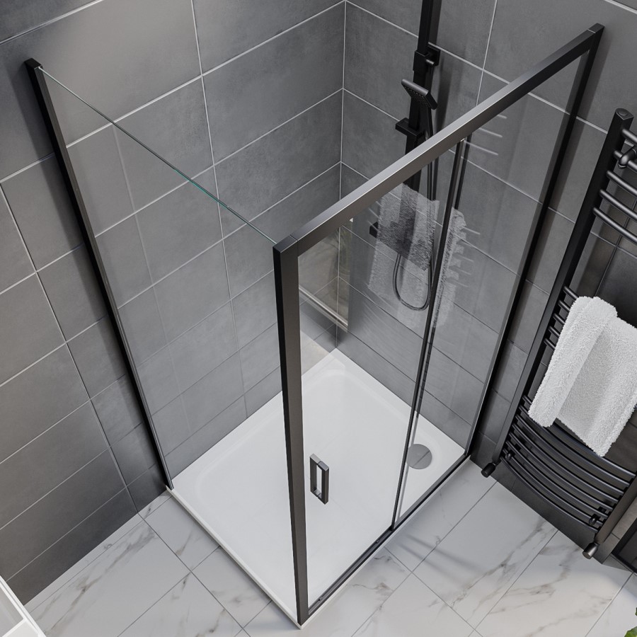 Grade A1 - 1100x900mm Black Rectangular Sliding Shower Enclosure - Pavo