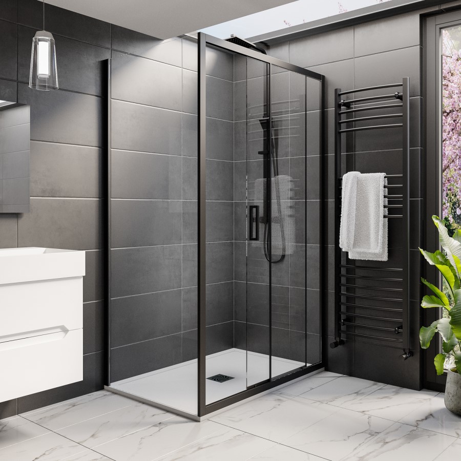 Black 8mm Glass Rectangular Sliding Shower Enclosure with Low Profile Shower Tray 1200x800mm - Pavo