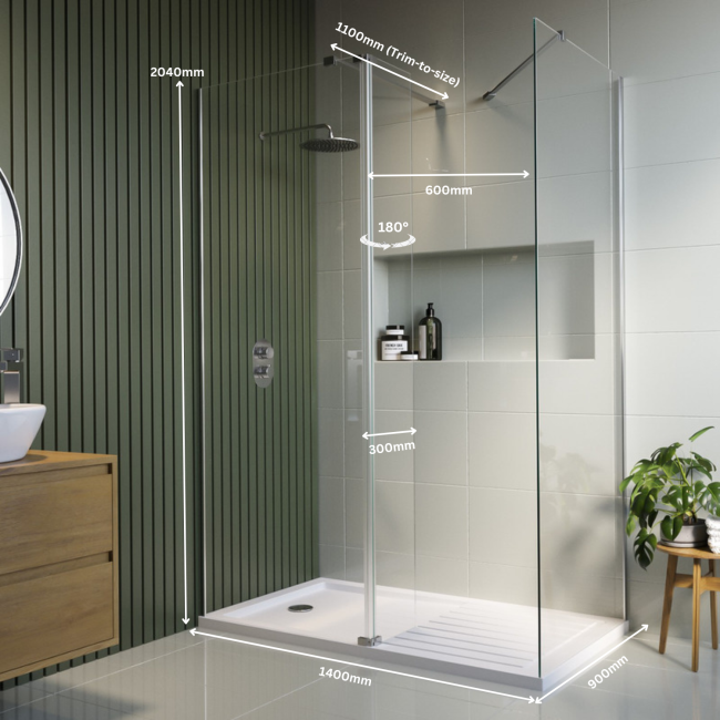 1400x900mm Chrome Walk In Shower Screen Enclosure with 300mm Hinged Flipper Panel and Shower Tray - Corvus