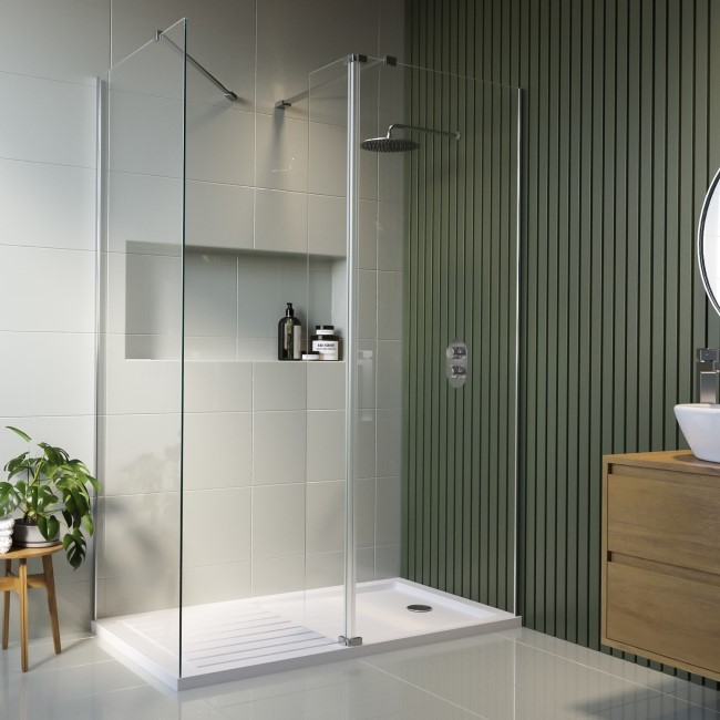 1400x900mm Chrome Walk In Shower Screen Enclosure with 300mm Hinged Flipper Panel and Shower Tray - Corvus