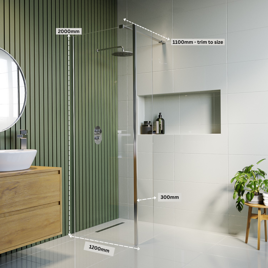 Grade A2 - Walk In Shower 1200mm Frameless with 300mm Fixed Panel and Wall Support Bar - Corvus