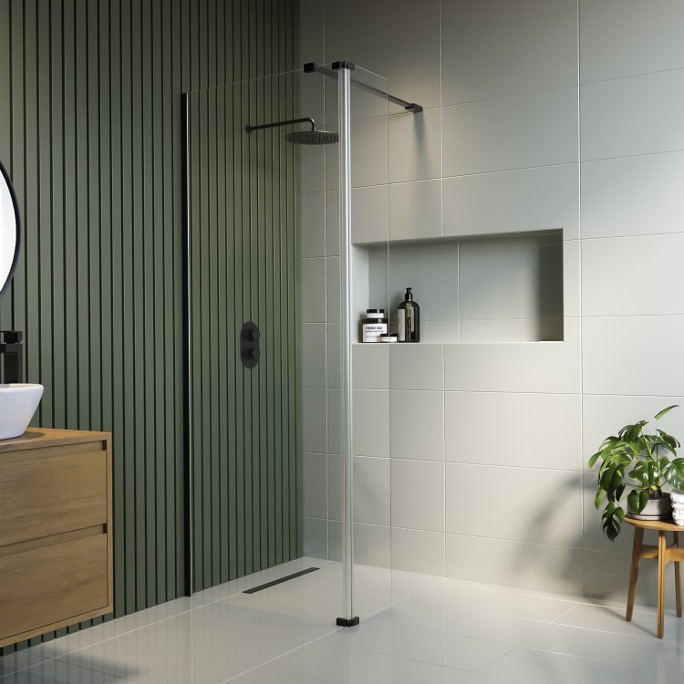 800mm Black Shower Screen for Wetroom & Walk In Shower with 300mm Hinged Flipper Panel - Corvus