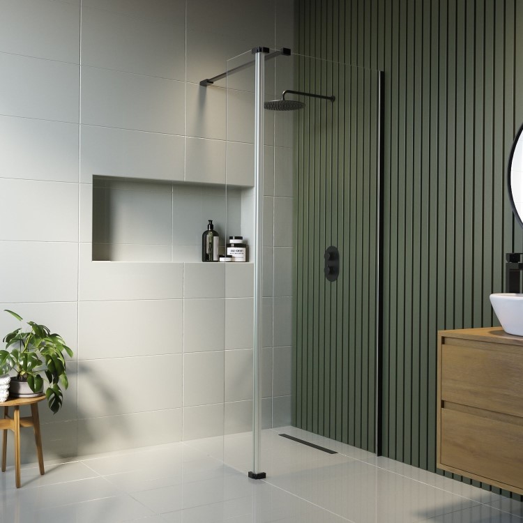 800mm Black Shower Screen for Wetroom & Walk In Shower with 300mm Hinged Flipper Panel - Corvus