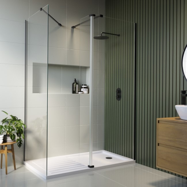 1400x800mm Black Walk In Shower Screen Enclosure with 300mm Hinged Flipper Panel and Shower Tray - Corvus