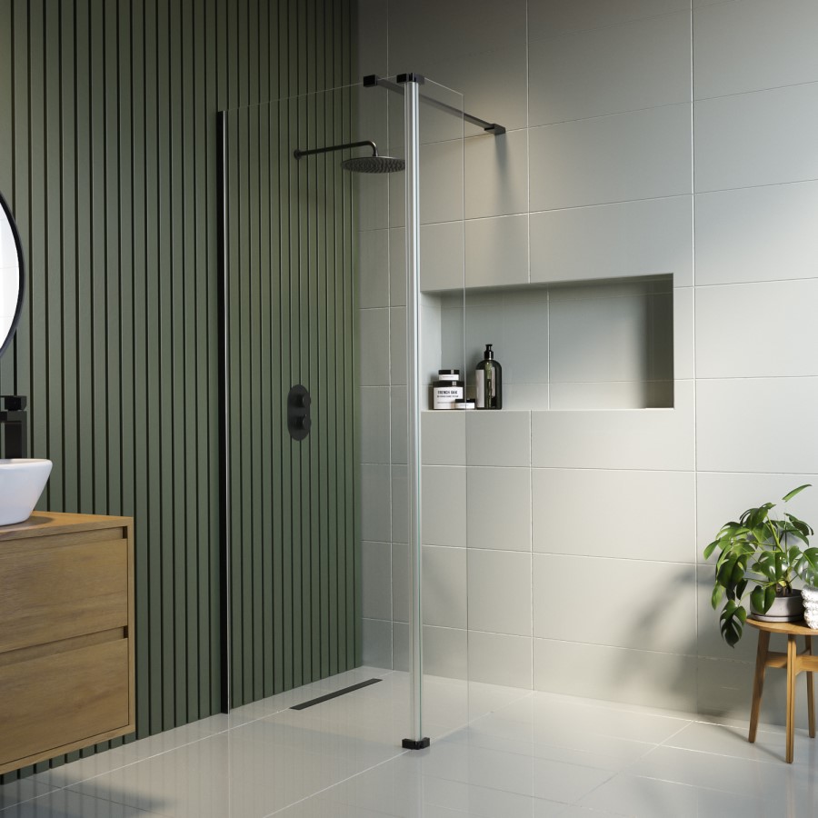 1100mm Black Shower Screen for Wetroom & Walk In Shower with 300mm Hinged Flipper Panel - Corvus