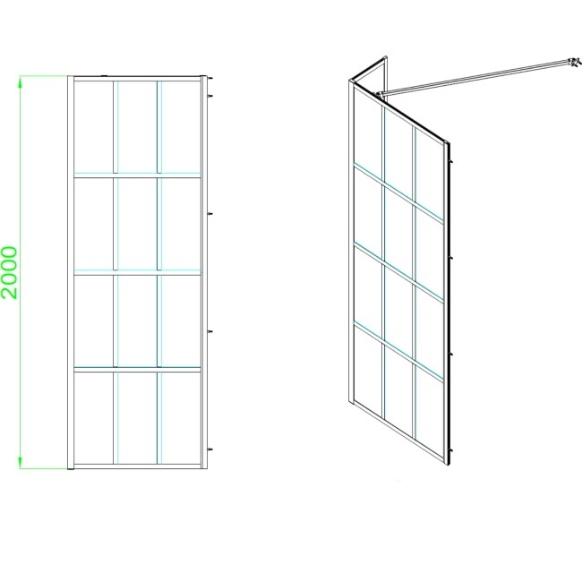 800mm Black Grid Shower Screen for Wetroom & Walk In Shower with 300mm Fixed Panel- Nova