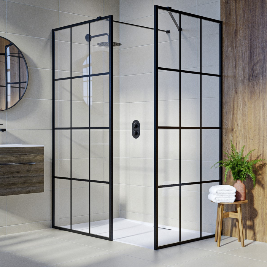 1400x900mm Black Grid Framework Wet Room Shower Screen Enclosure and Shower Tray  - Nova