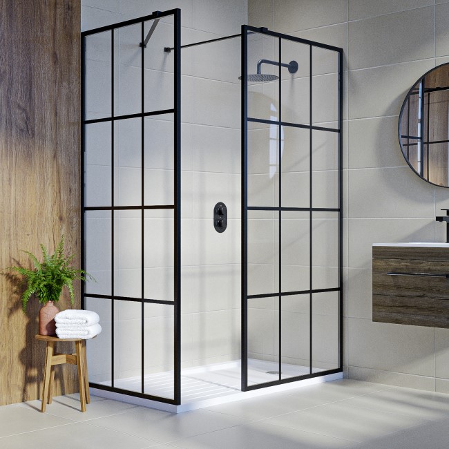 1400x800mm Black Grid Walk In Shower Screen Enclosure and Shower Tray with Drying Area - Nova