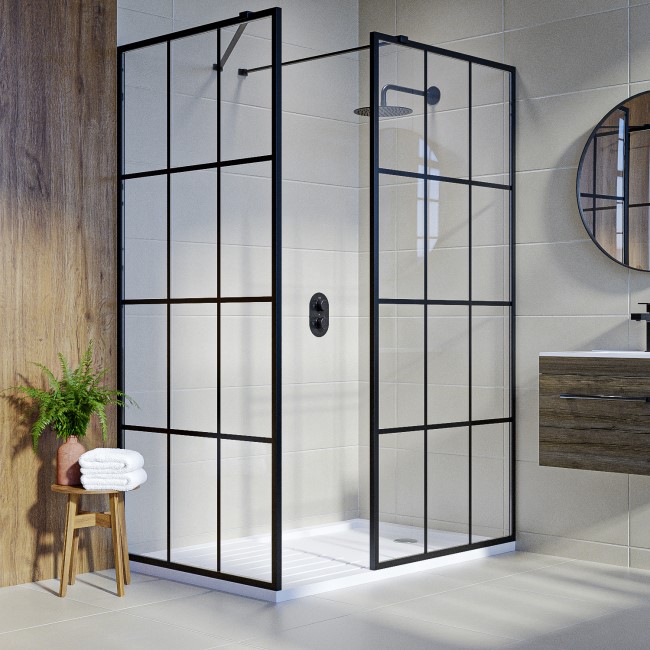 1400x900mm Black Grid Walk In Shower Screen Enclosure and Shower Tray with Drying Area - Nova