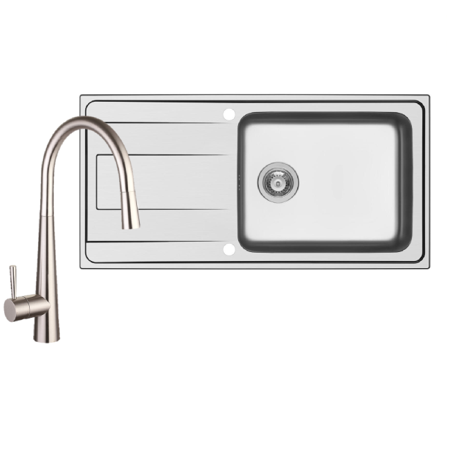 1 Bowl Isabella Reversible Stainless Steel Kitchen Sink & Olney Chrome Pull Out Kitchen Mixer Tap