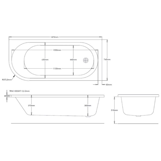 J Shape Shower Bath Right Hand with Front Panel & Chrome Bath Screen with Towel Rail 1700 x 750mm - Jersey