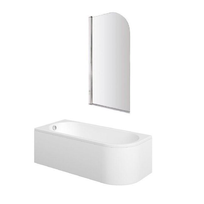 Jersey J Shaped Right Hand Bath 1700mm x 750mm with Front Panel and 1450mm Chrome Bath Screen 