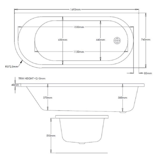 Jersey J Shaped Right Hand Bath 1700mm x 750 with Front Panel and Hinged Brushed Brass Screen