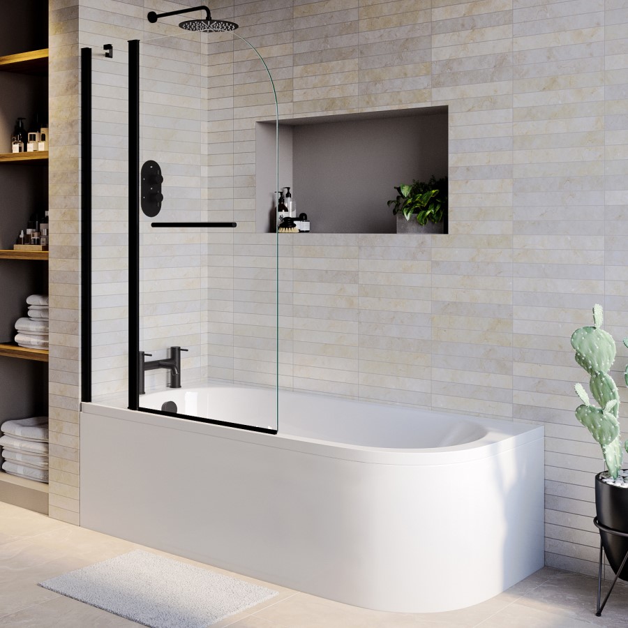 Grade A2 - J Shape Shower Bath Left Hand with Front Panel & Black Bath Screen with Towel Rail 1700 x 750mm - Jersey